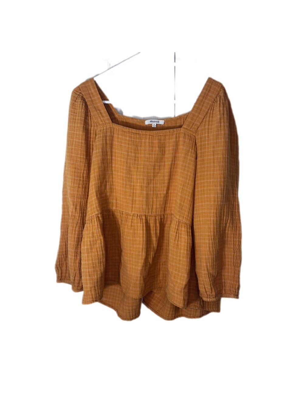 Madewell Mustard Brown Square-Neck Plaid Peplum Blouse